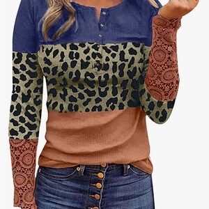Amazon Women's Colorblock Leopard Blouse - Blue, Green, Brown